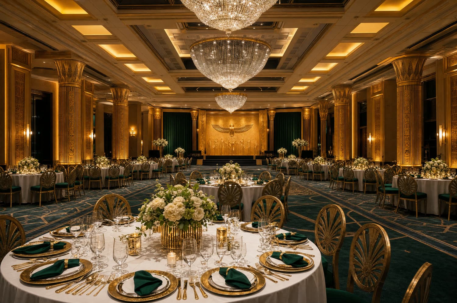 Opulent gala banquet ballroom set with gold and emerald-green table settings