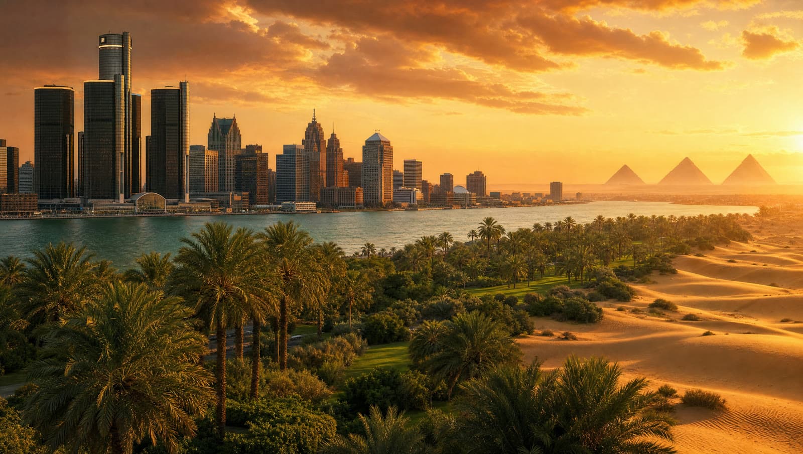 Detroit skyline rising at the edge of a palm-lined desert oasis at golden hour