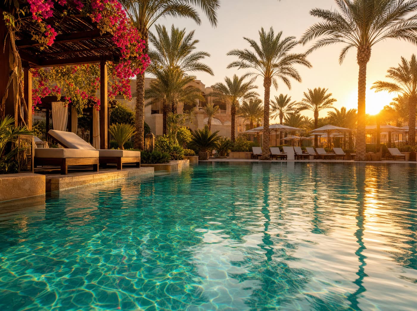 Turquoise resort oasis pool framed by palm trees at sunset